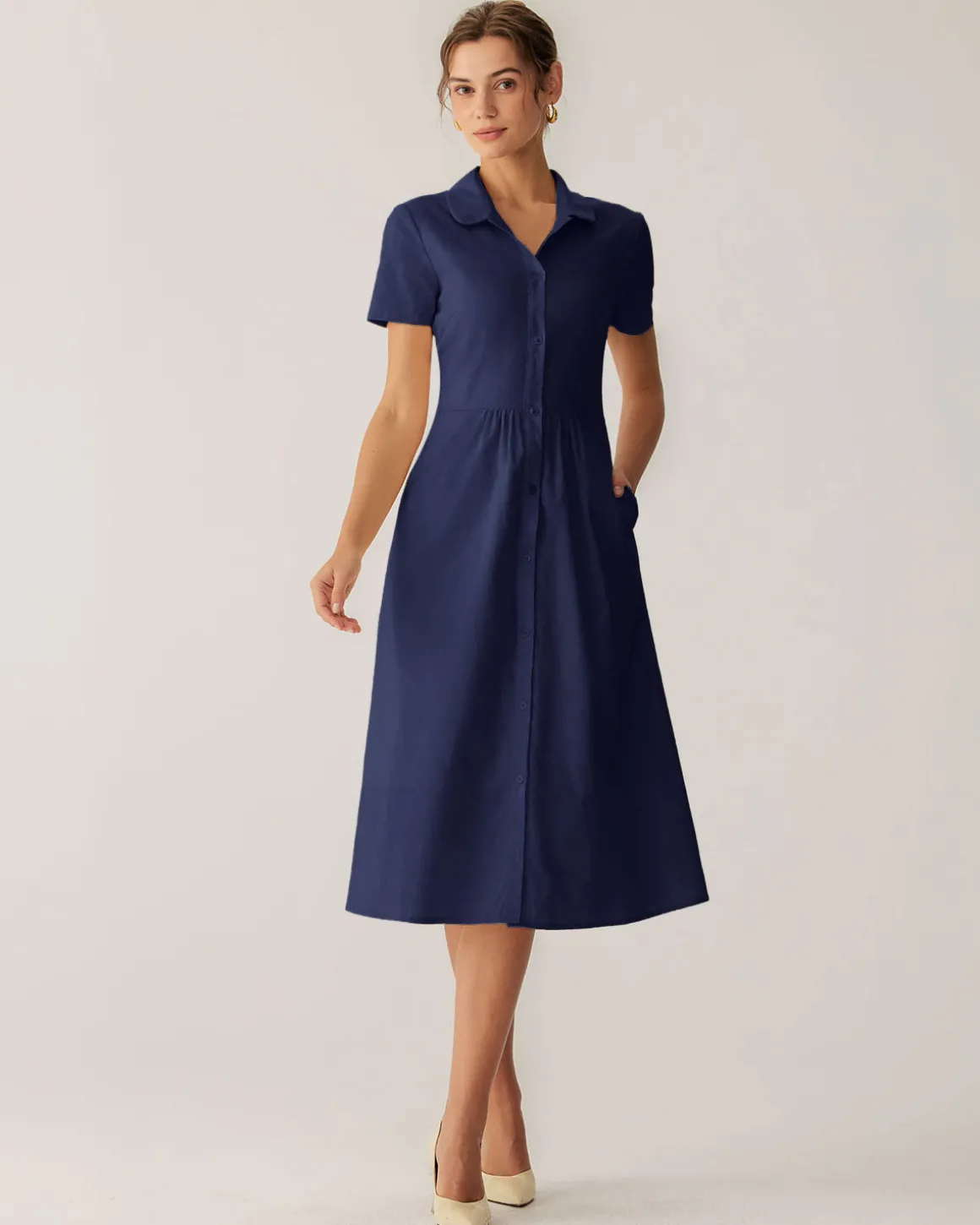 Navy Pocket Short Sleeve Midi Dress