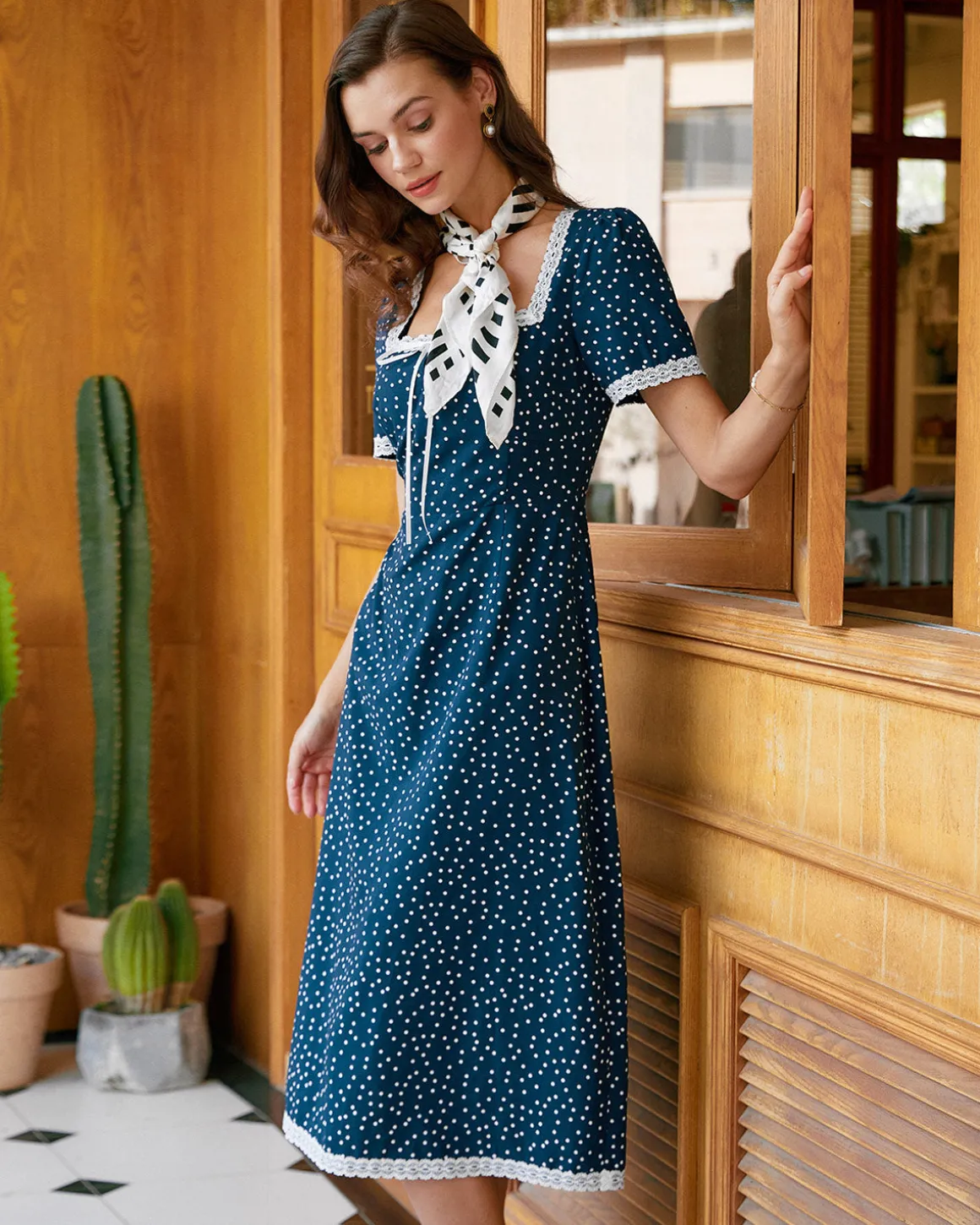 Navy Polka Dot Lace Midi Dress