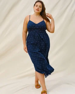 Navy Polka Dot Plus Size Slip Midi Dress