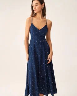 Navy Polka Dot Shirred Slip Midi Dress