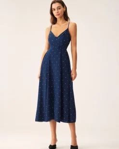 Navy Polka Dot Shirred Slip Midi Dress