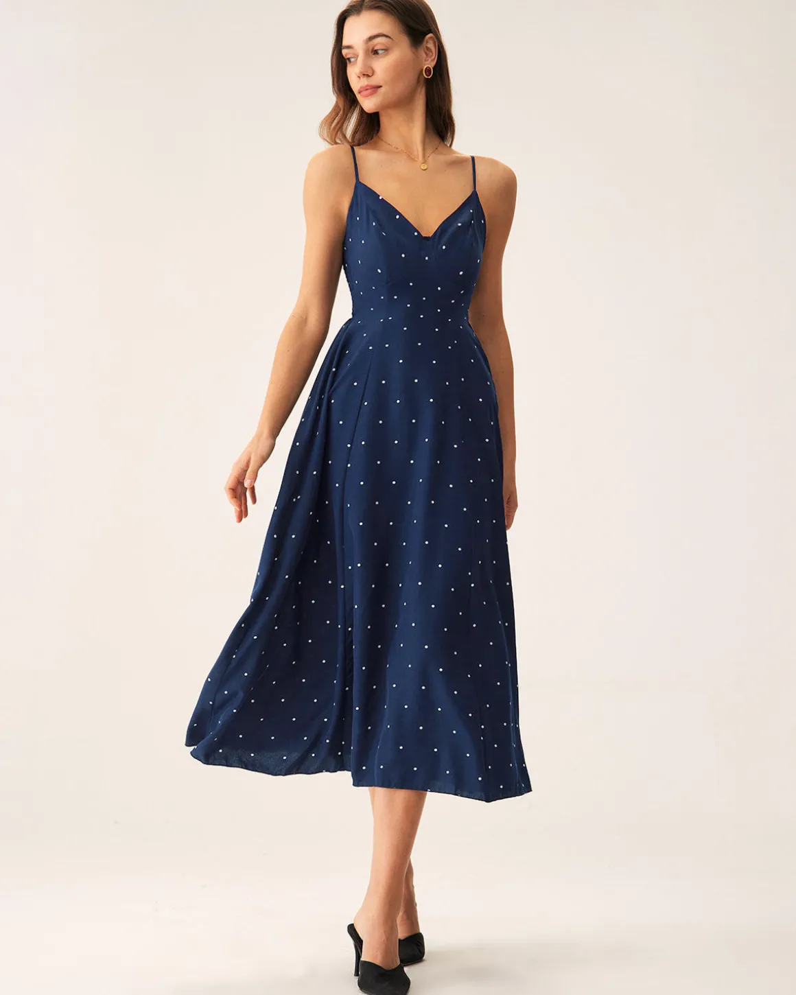 Navy Polka Dot Shirred Slip Midi Dress