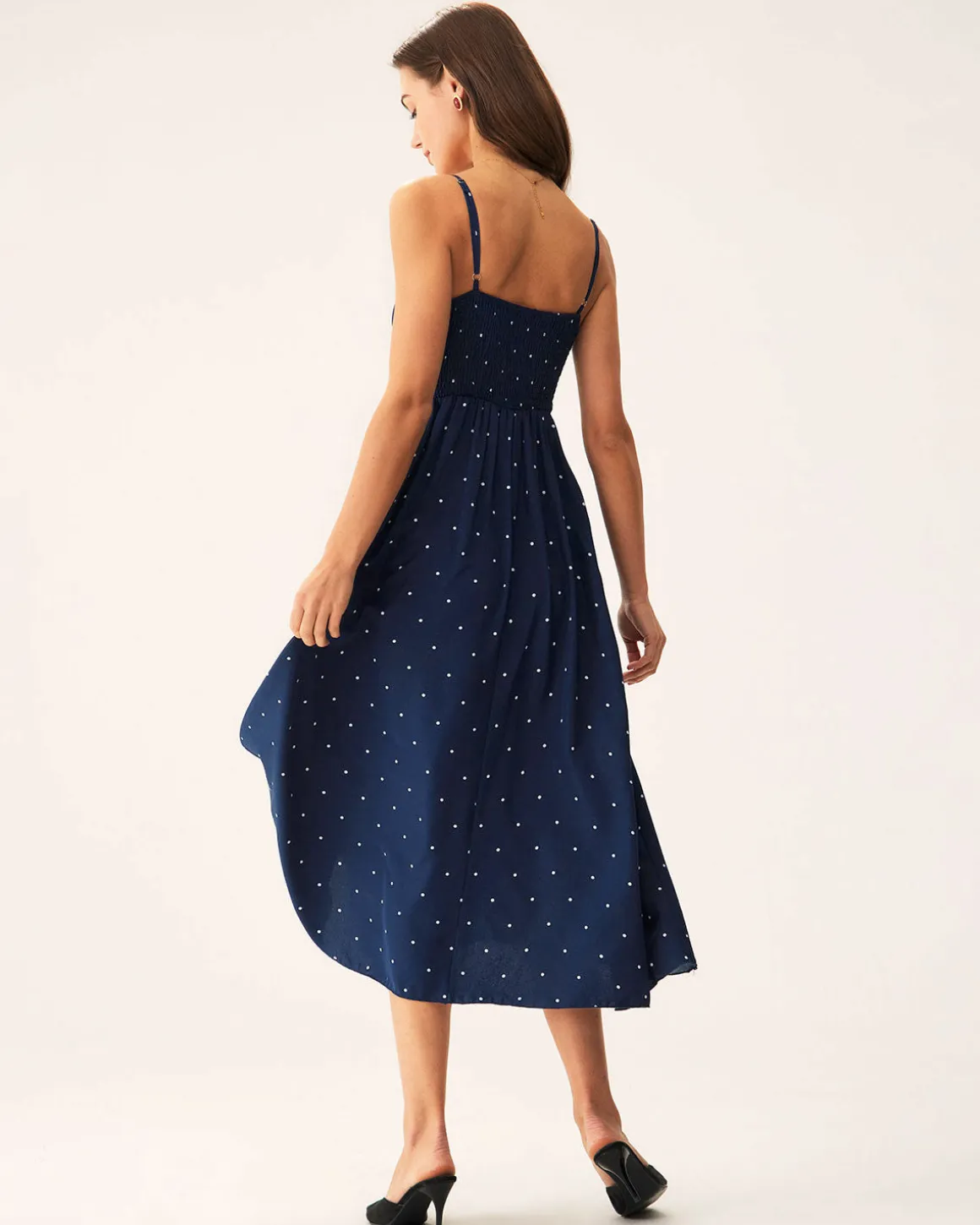 Navy Polka Dot Shirred Slip Midi Dress