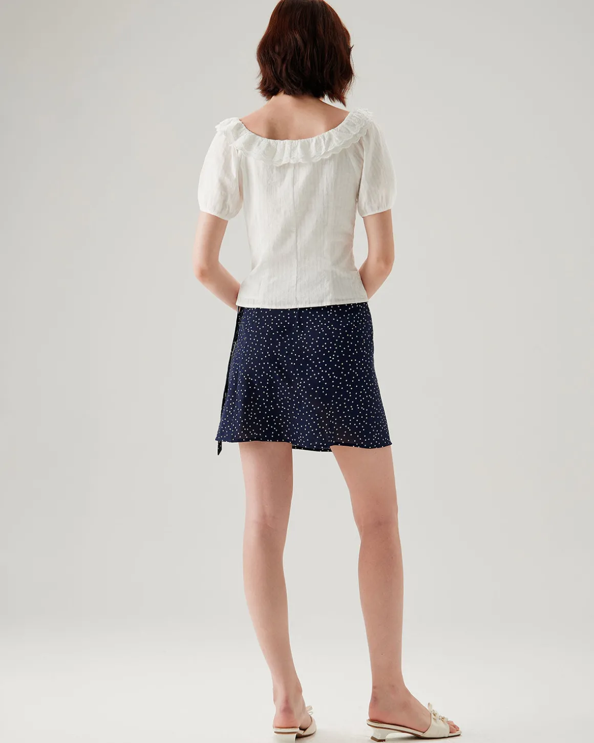 Navy Polka Dot Wrap Mini Skirt
