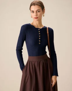 Navy Round Neck Slim Sweater