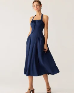 Navy Ruched Halter Midi Dress