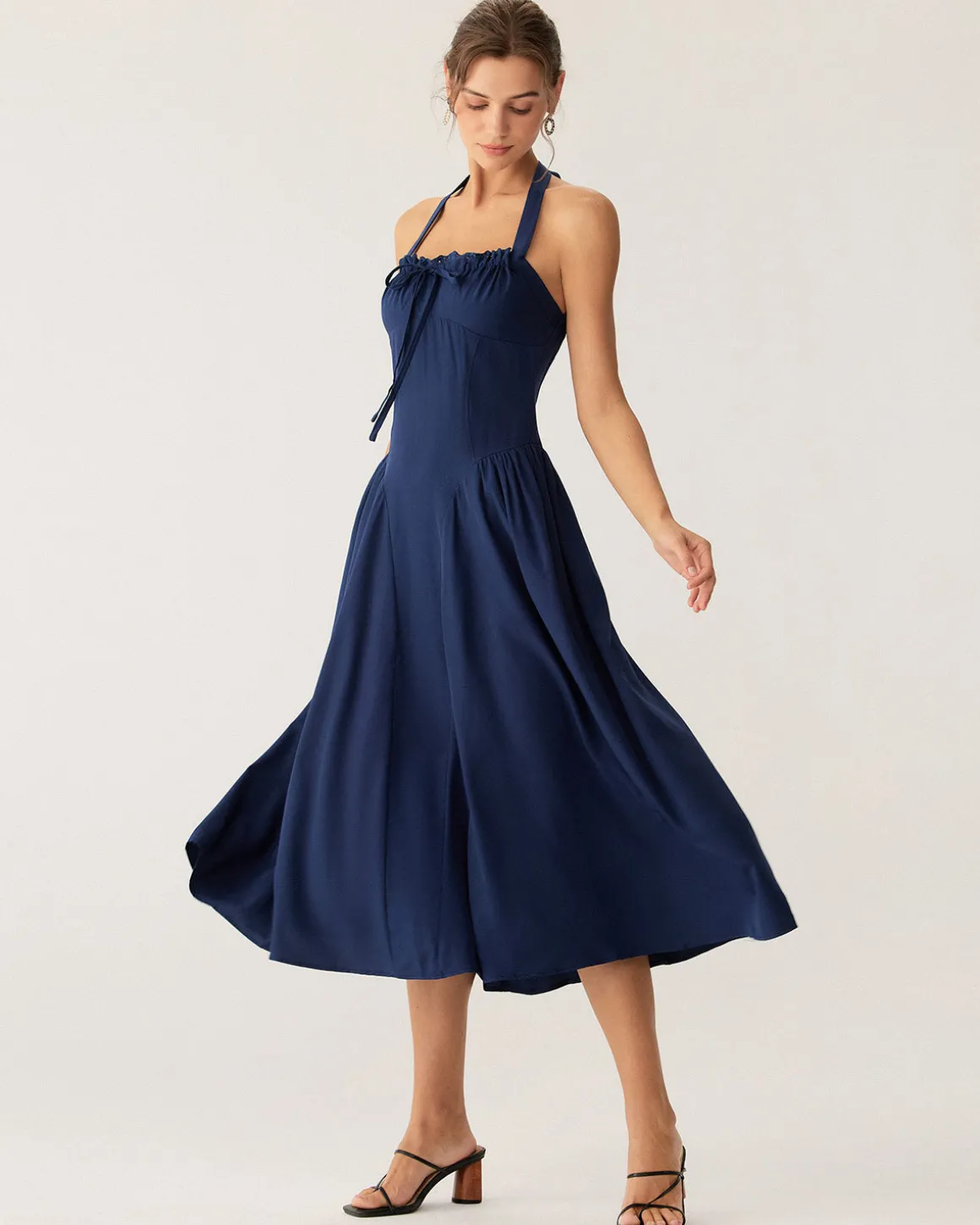 Navy Ruched Halter Midi Dress