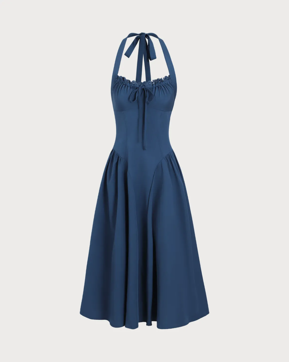 Navy Ruched Halter Midi Dress