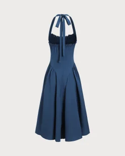 Navy Ruched Halter Midi Dress