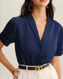Navy Satin Button Blouse