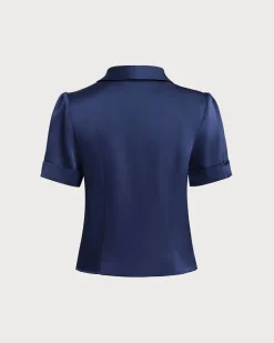 Navy Satin Button Blouse