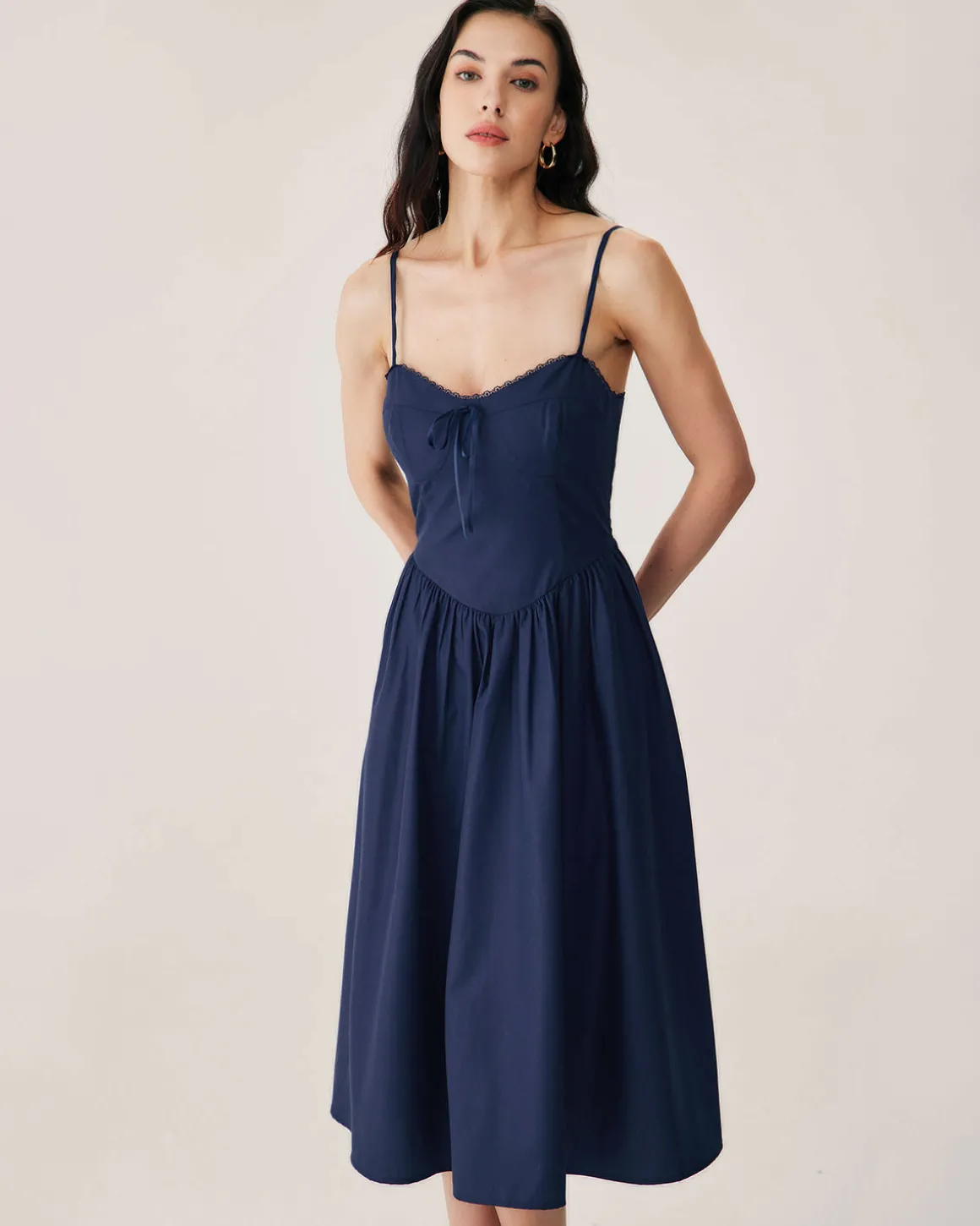 Navy Shirred Slip Midi Dress