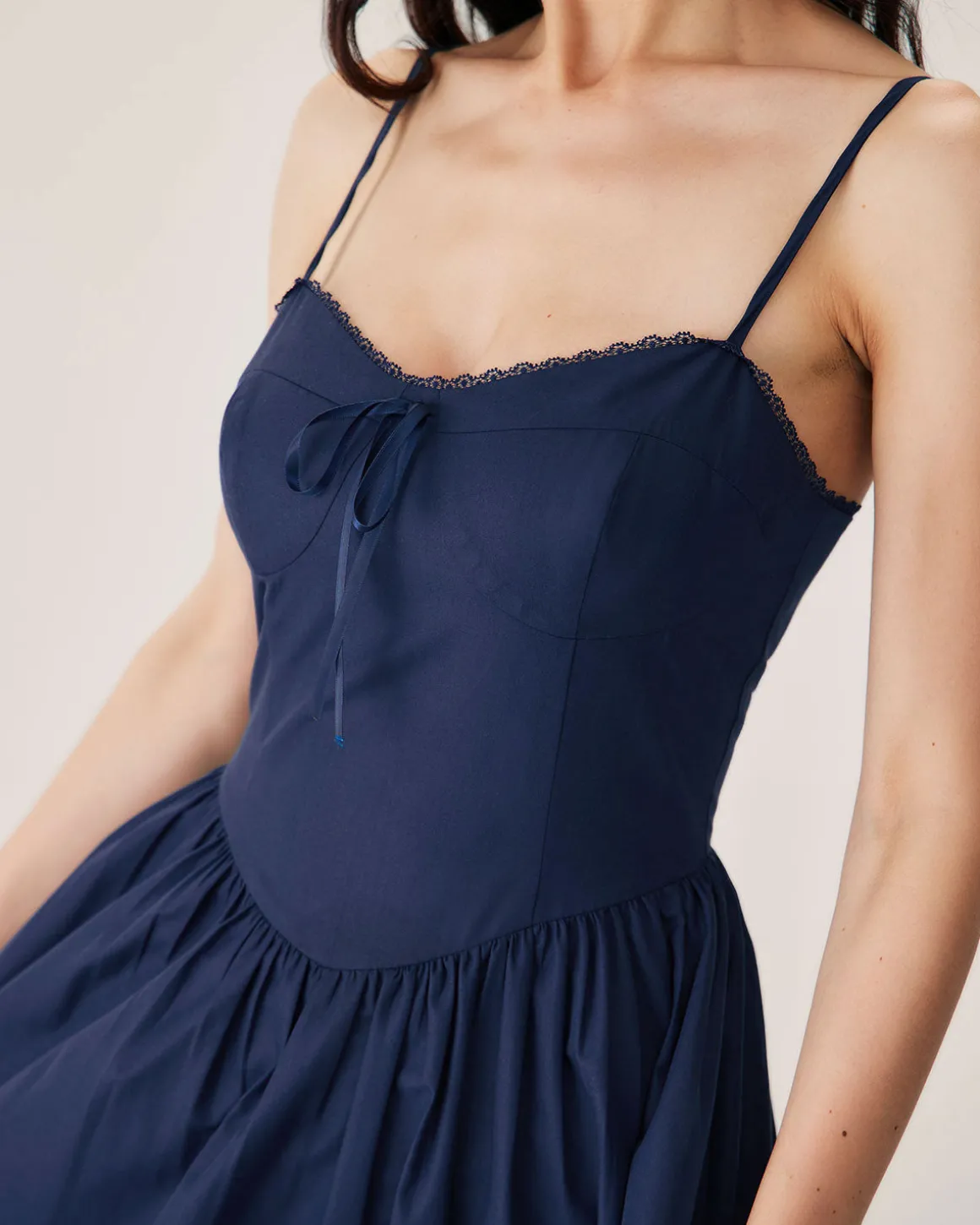 Navy Shirred Slip Midi Dress