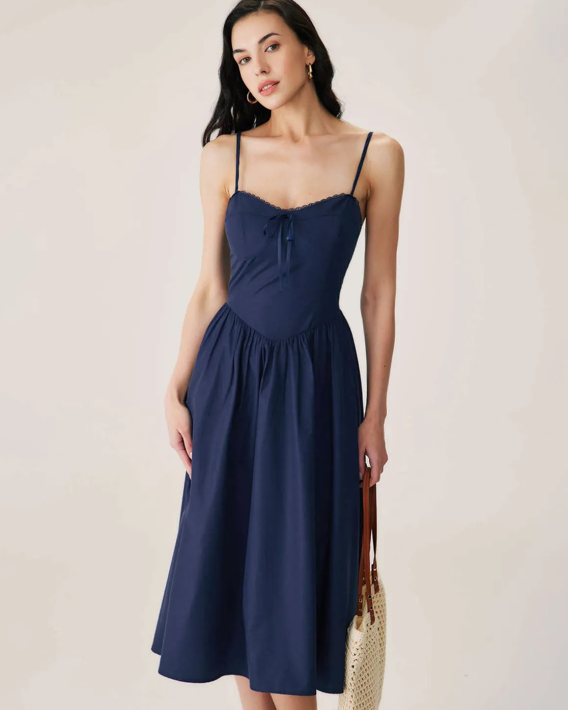 Navy Shirred Slip Midi Dress