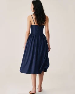 Navy Shirred Slip Midi Dress