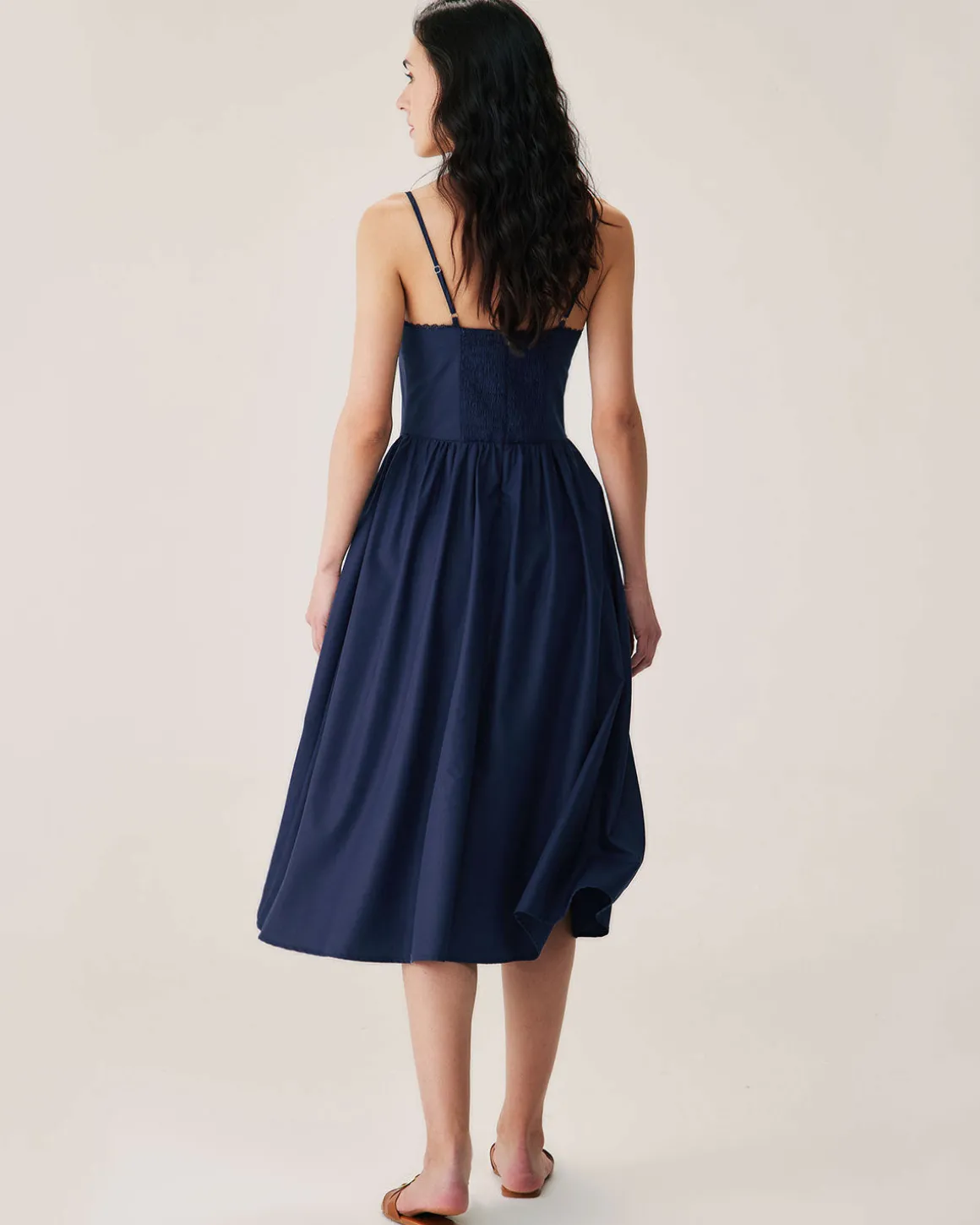 Navy Shirred Slip Midi Dress