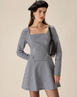 Navy Square Neck Plaid Mini Dress