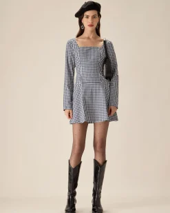 Navy Square Neck Plaid Mini Dress