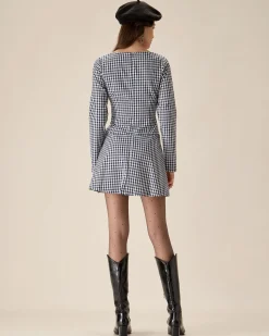 Navy Square Neck Plaid Mini Dress