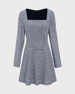 Navy Square Neck Plaid Mini Dress