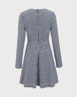 Navy Square Neck Plaid Mini Dress