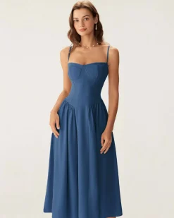 Navy Square Neck Pocket Slip Midi Dress