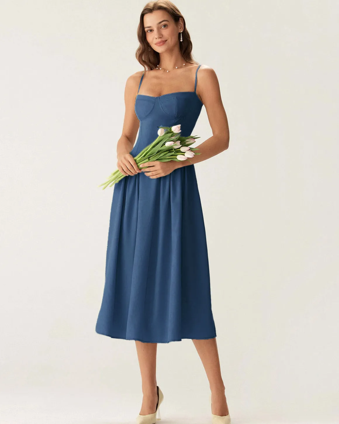 Navy Square Neck Pocket Slip Midi Dress