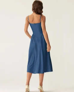 Navy Square Neck Pocket Slip Midi Dress