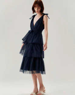Navy Tiered Backless Maxi Dress