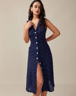 Navy V Neck Polka Dot Tie Back Midi Dress