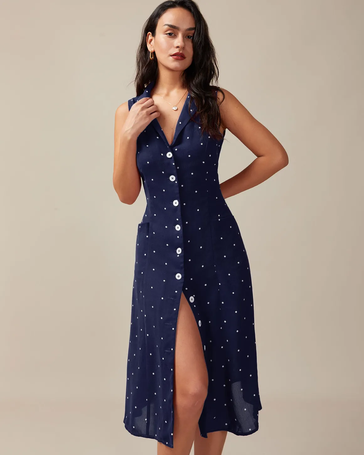 Navy V Neck Polka Dot Tie Back Midi Dress