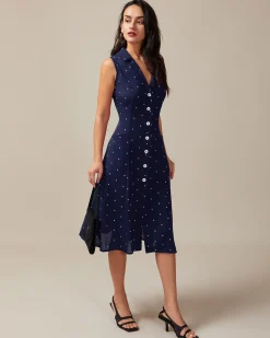 Navy V Neck Polka Dot Tie Back Midi Dress