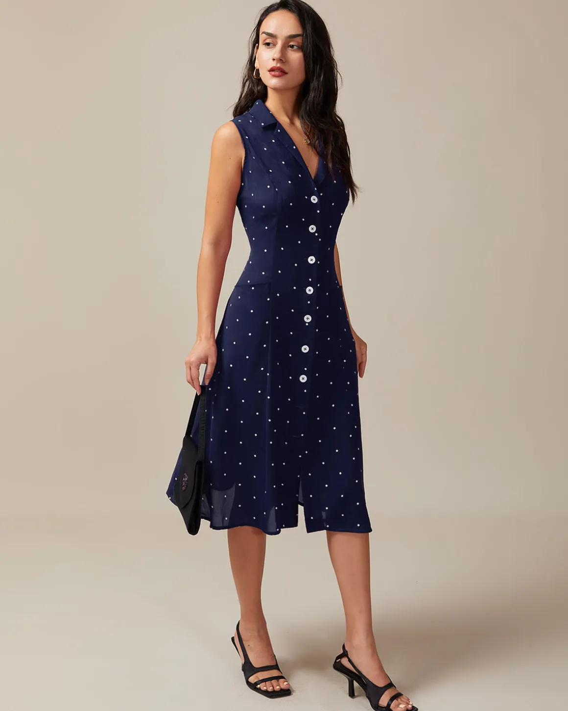 Navy V Neck Polka Dot Tie Back Midi Dress