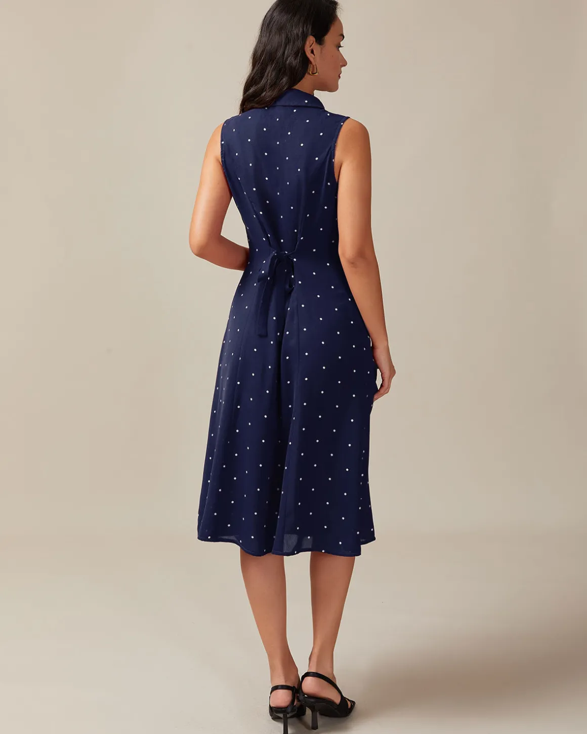 Navy V Neck Polka Dot Tie Back Midi Dress