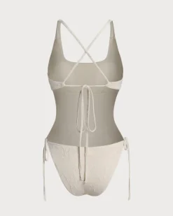 Off White Textured Bralette One-Piece Swimsuit