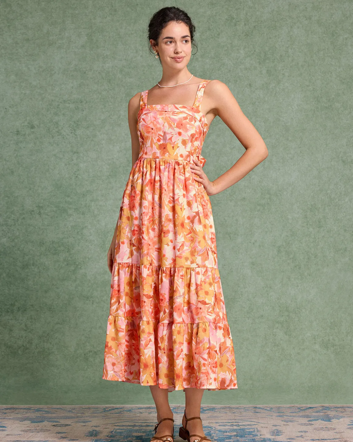 Orange Floral Square Neck Midi Dress