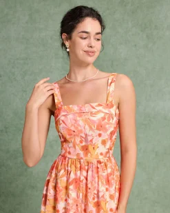 Orange Floral Square Neck Midi Dress