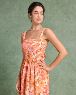Orange Floral Square Neck Midi Dress