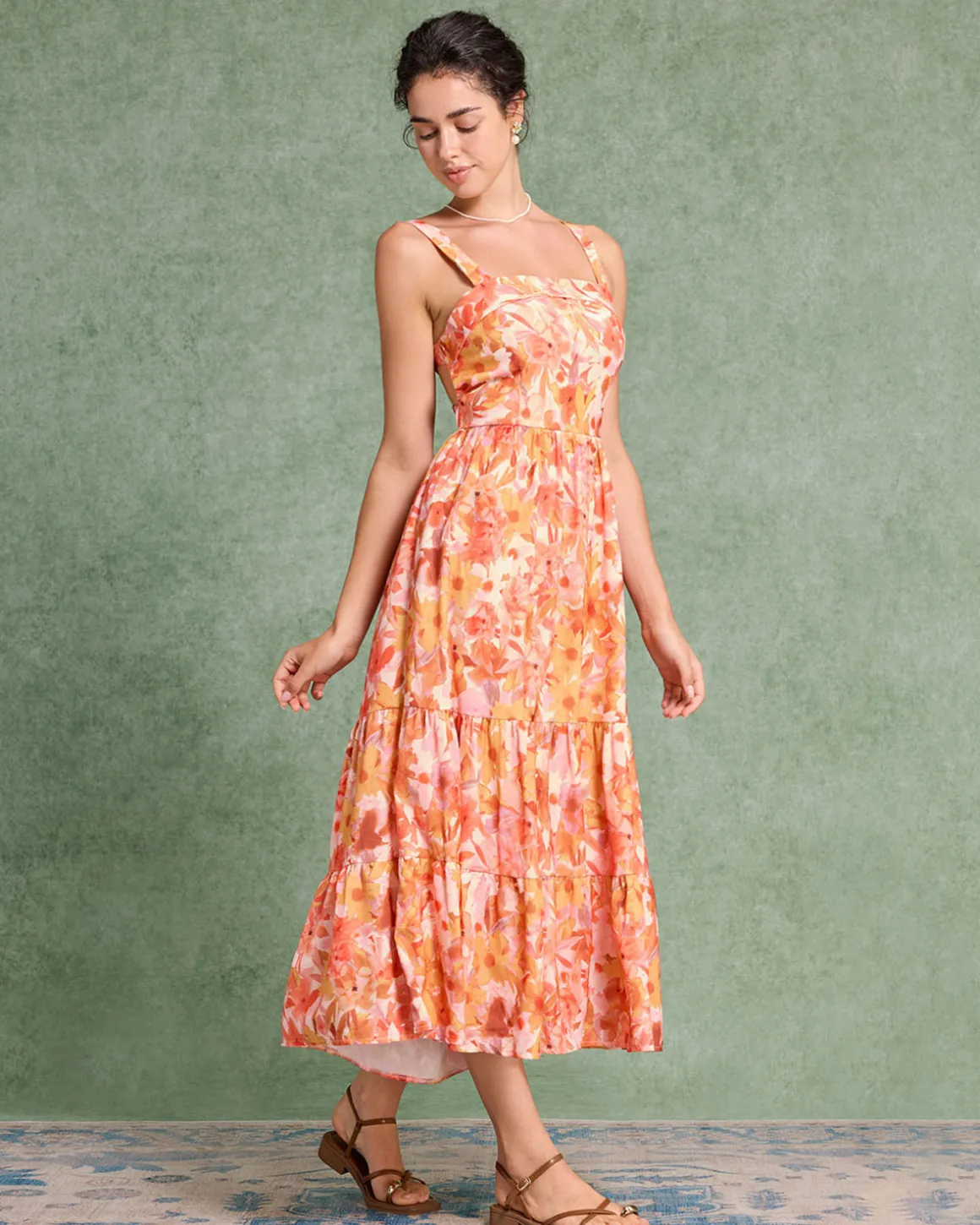 Orange Floral Square Neck Midi Dress