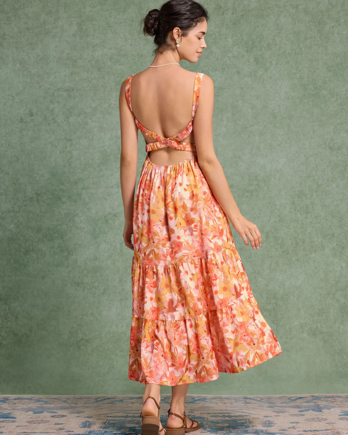Orange Floral Square Neck Midi Dress