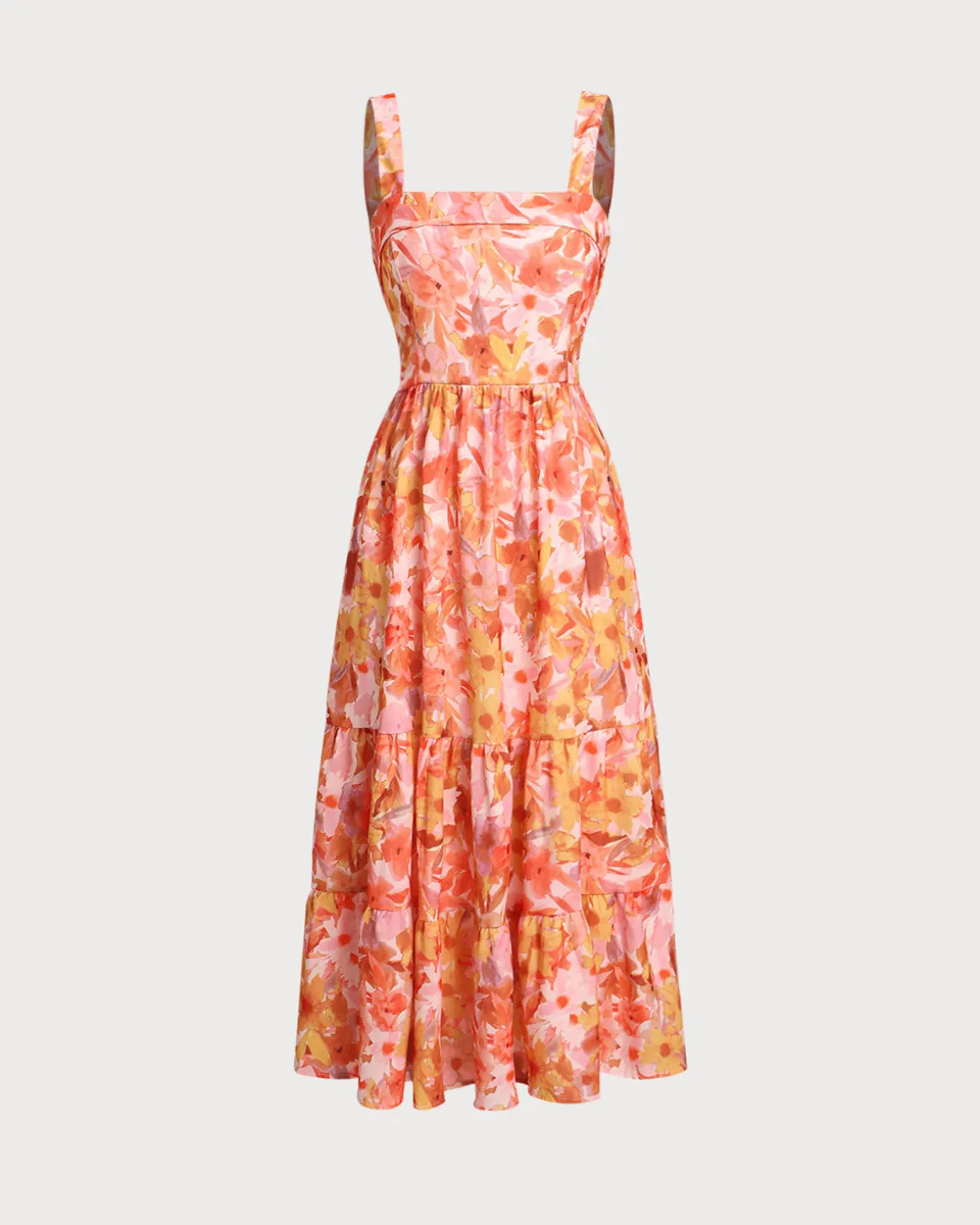 Orange Floral Square Neck Midi Dress
