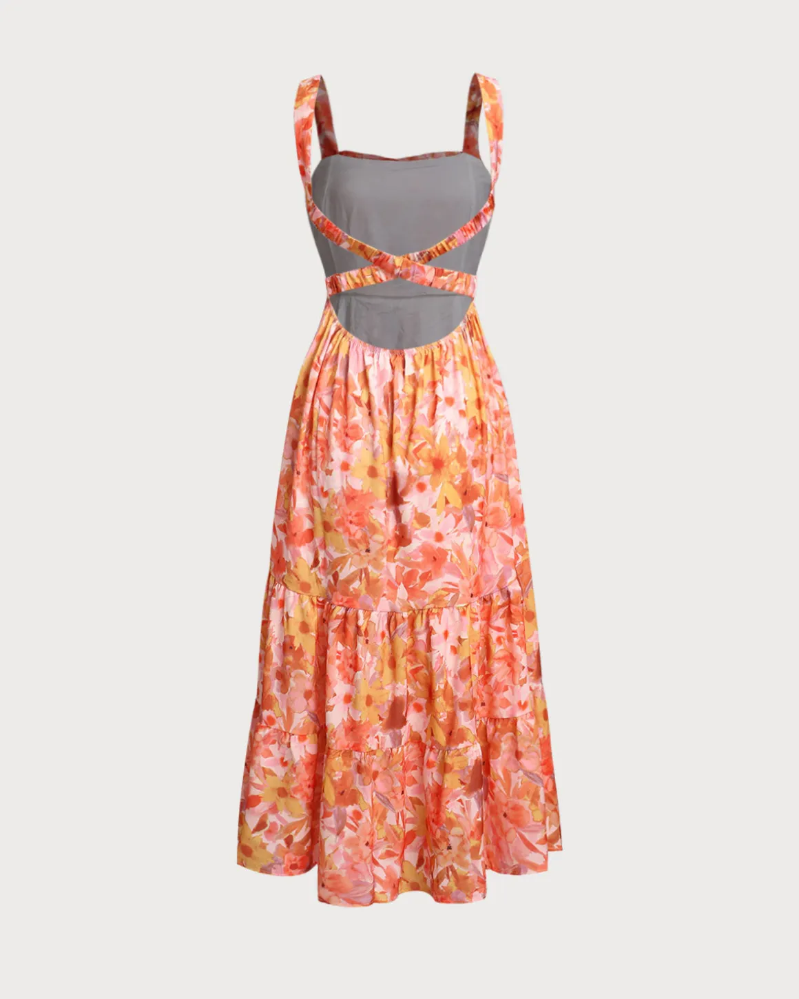 Orange Floral Square Neck Midi Dress