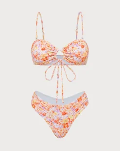 Orange Floral Tie Front Bikini Set