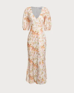 Orange Floral V-Neck Puffed Sleeve Maxi Dress