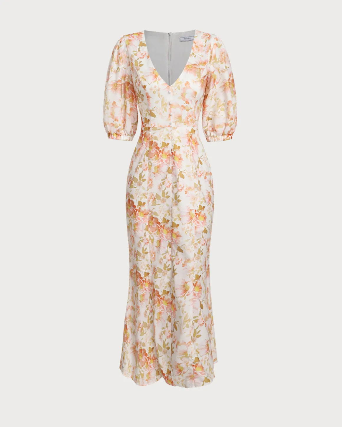 Orange Floral V-Neck Puffed Sleeve Maxi Dress