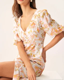 Orange Floral V-Neck Puffed Sleeve Maxi Dress