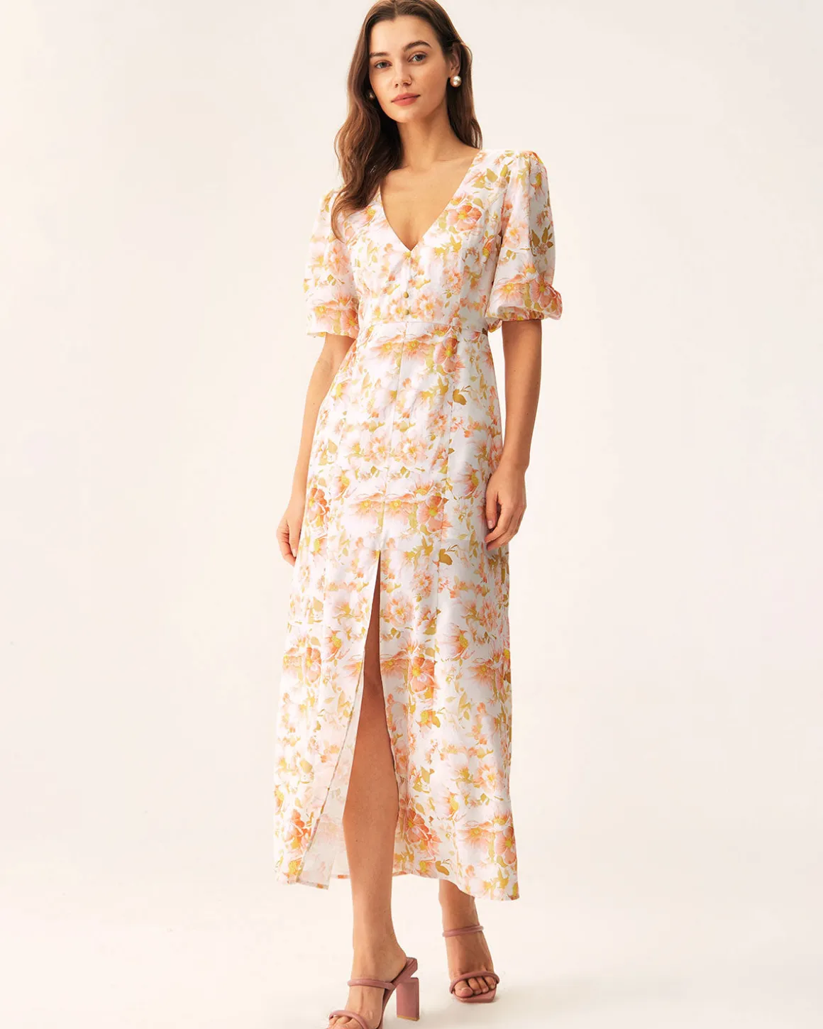 Orange Floral V-Neck Puffed Sleeve Maxi Dress