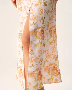 Orange Floral V-Neck Puffed Sleeve Maxi Dress