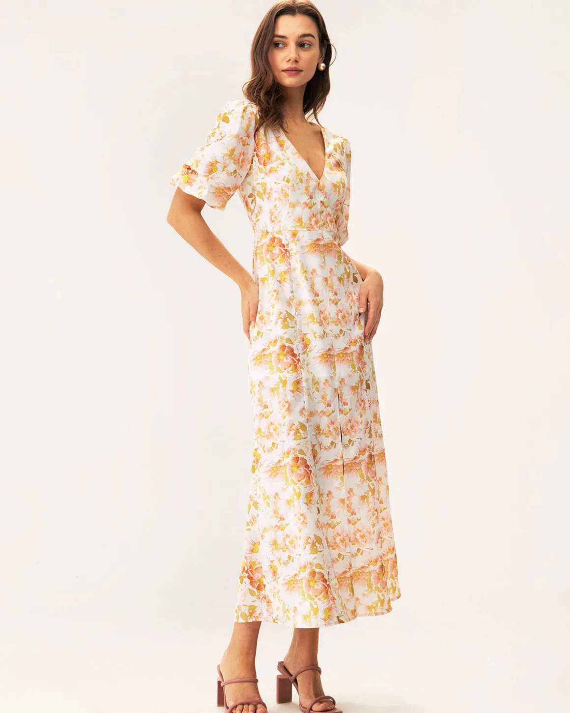 Orange Floral V-Neck Puffed Sleeve Maxi Dress