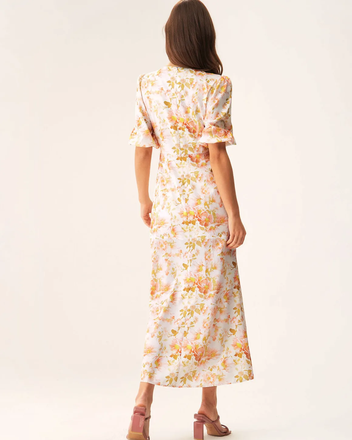 Orange Floral V-Neck Puffed Sleeve Maxi Dress